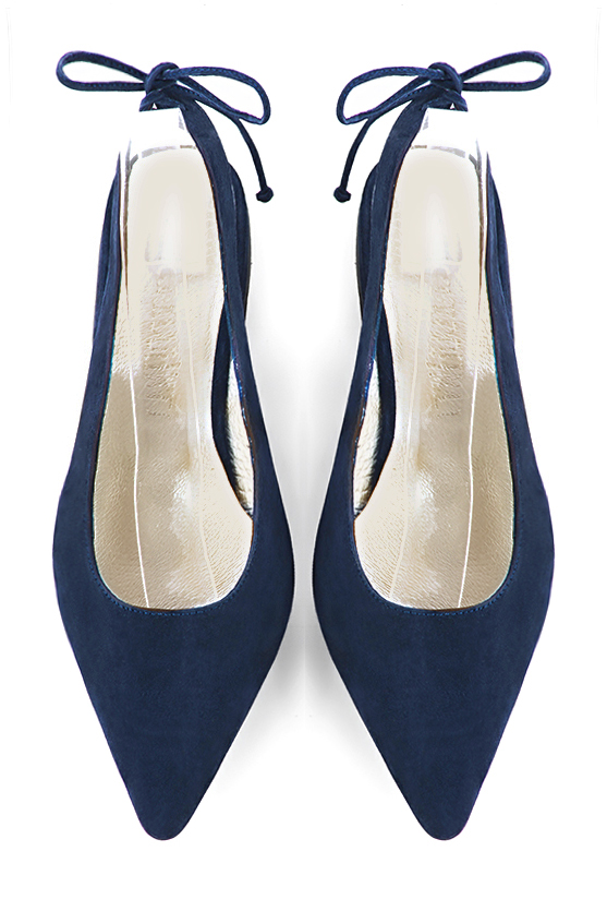 Navy blue women's slingback shoes. Pointed toe. Flat flare heels. Top view - Florence KOOIJMAN